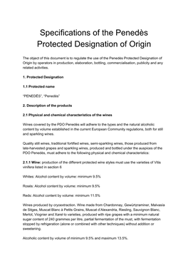 Specifications of the Penedès Protected Designation of Origin