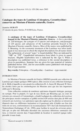 Coleoptera, Cerambycidae) Conservés Au Muséum D'histoire Naturelle, Genève