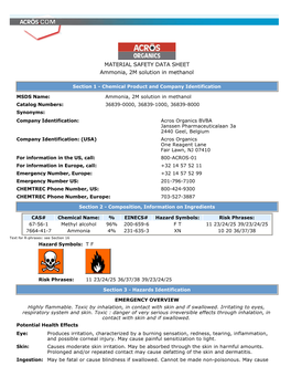 MATERIAL SAFETY DATA SHEET Ammonia, 2M Solution in Methanol