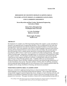 Hierarchy of Cognitive Domain Learning Skills for Activity Design