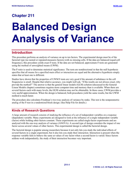 Balanced Design Analysis of Variance