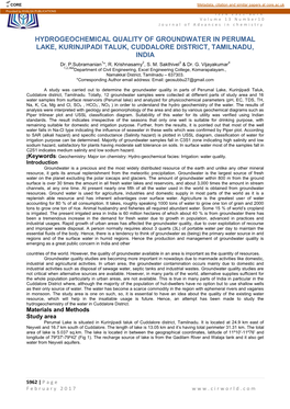 HYDROGEOCHEMICAL QUALITY of GROUNDWATER in PERUMAL LAKE, KURINJIPADI TALUK, CUDDALORE DISTRICT, TAMILNADU, INDIA Dr