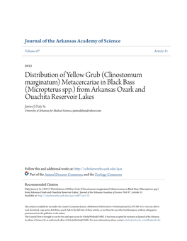 Distribution of Yellow Grub (Clinostomum Marginatum) Metacercariae in Black Bass (Micropterus Spp.) from Arkansas Ozark and Ouachita Reservoir Lakes James J