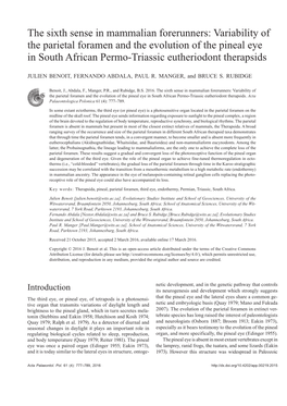 Variability of the Parietal Foramen and the Evolution of the Pineal Eye in South African Permo-Triassic Eutheriodont Therapsids