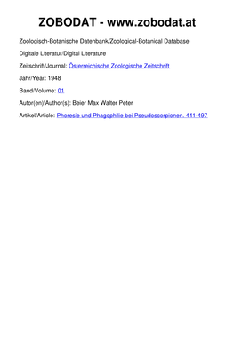 Phoresie Und Phagophilie Bei Pseudoscorpionen. 441-497 Download Unter