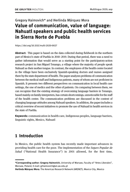 Nahuatl Speakers and Public Health Services in Sierra Norte De Puebla