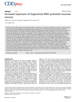 Increased Expression of Fragmented Trna Promoted Neuronal Necrosis ✉ ✉ Yanyan Cao1,2, Kai Liu3, Ying Xiong1, Chunyue Zhao4 and Lei Liu1