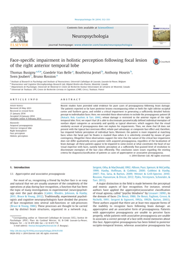 Face-Specific Impairment in Holistic Perception Following Focal Lesion of the Right Anterior Temporal Lobe