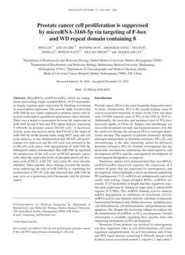 Prostate Cancer Cell Proliferation Is Suppressed by Microrna‑3160‑5P Via Targeting of F‑Box and WD Repeat Domain Containing 8