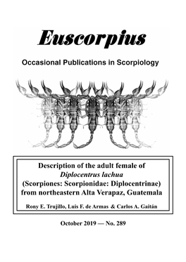 Description of the Adult Female of Diplocentrus Lachua (Scorpiones: Scorpionidae: Diplocentrinae) from Northeastern Alta Verapaz, Guatemala