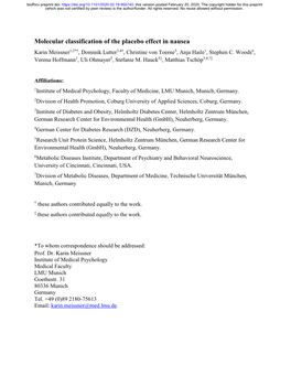 Molecular Classification of the Placebo Effect in Nausea Karin Meissner1,2*†, Dominik Lutter3,4†, Christine Von Toerne5, Anja Haile1, Stephen C