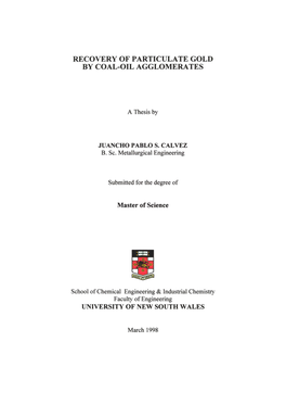 Recovery of Particulate Gold by Coal-Oil Agglomerates