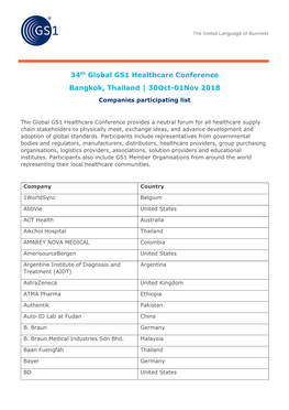 34Th Global GS1 Healthcare Conference Bangkok, Thailand | 30Oct-01Nov 2018 Companies Participating List