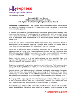 Success in 2016 and Beyond HK Express Celebrates 3Rd Birthday with Highest Growth at Hong Kong International Airport