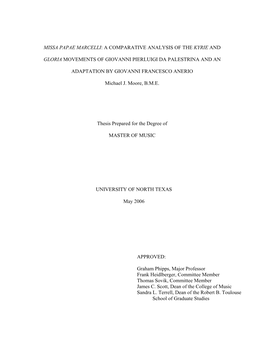 Missa Papae Marcelli: a Comparative Analysis of the Kyrie and Gloria Movements of Giovanni Pierluigi Da Palestrina and An