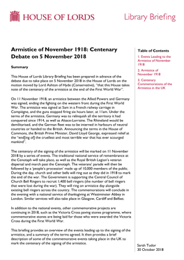 Armistice of November 1918: Centenary Table of Contents Debate on 5 November 2018 1