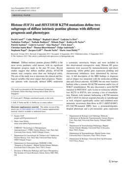 Histone H3F3A and HIST1H3B K27M Mutations Define Two Subgroups of Diffuse Intrinsic Pontine Gliomas with Different Prognosis and Phenotypes