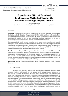 Exploring the Effect of Emotional Intelligence on Methods of Trading the Investors of Melting Company’S Stokes