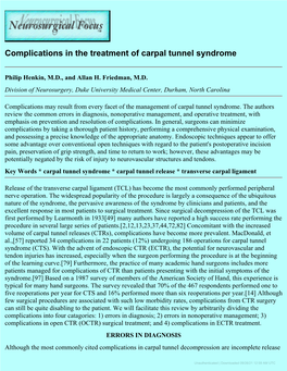 Complications in the Treatment of Carpal Tunnel Syndrome