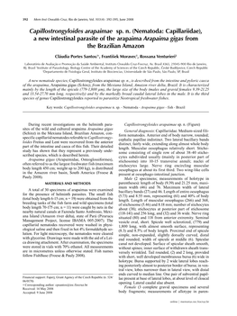 Capillostrongyloides Arapaimae Sp. N. (Nematoda: Capillariidae), a New Intestinal Parasite of the Arapaima Arapaima Gigas from the Brazilian Amazon