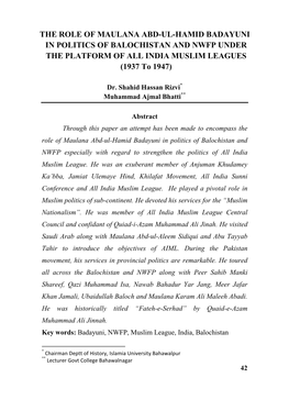 THE ROLE of MAULANA ABD-UL-HAMID BADAYUNI in POLITICS of BALOCHISTAN and NWFP UNDER the PLATFORM of ALL INDIA MUSLIM LEAGUES (1937 to 1947)