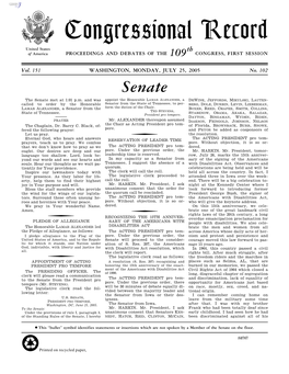 Congressional Record United States Th of America PROCEEDINGS and DEBATES of the 109 CONGRESS, FIRST SESSION