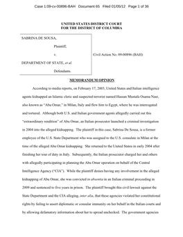 UNITED STATES DISTRICT COURT for the DISTRICT of COLUMBIA SABRINA DE SOUSA, Plaintiff, V. DEPARTMENT of STATE, Et Al. Defen