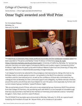 Omar Yaghi Awarded 2018 Wolf Prize | College of Chemistry