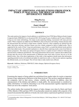 Impact of Additions and Deletions from Stock Index in Malaysia: the Role of Opinion Divergence Theory