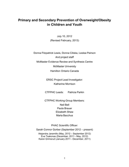 Primary and Secondary Prevention of Overweight/Obesity in Children and Youth