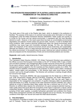 The Integrated Management of Plastira Lakes's Basin Under the Framework of the 2000/60 EU Directive