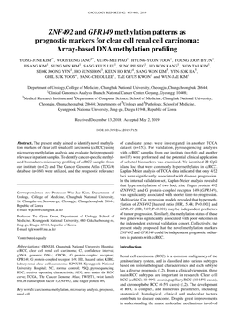 ZNF492 and GPR149 Methylation Patterns As Prognostic Markers for Clear Cell Renal Cell Carcinoma: Array‑Based DNA Methylation Profiling