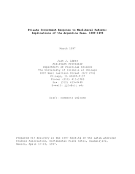 Private Investment Response to Neoliberal Reforms: Implications of the Argentine Case, 1989-1996