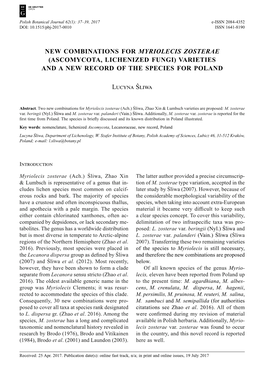 New Combinations for Myriolecis Zosterae (Ascomycota, Lichenized Fungi) Varieties and a New Record of the Species for Poland