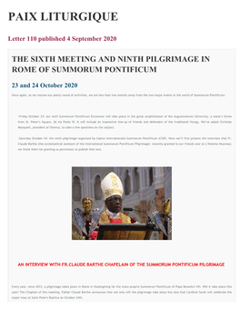 PAIX LITURGIQUE Letter 110 Published 4 September 2020 the SIXTH MEETING AND