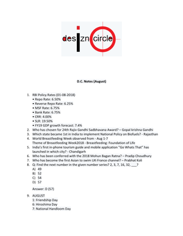 DC Notes (August) 1. RBI Policy Rates (01-08-2018)