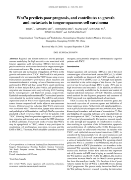 Wnt7a Predicts Poor Prognosis, and Contributes to Growth and Metastasis in Tongue Squamous Cell Carcinoma