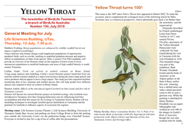Yellow Throat Turns 100! Editor YELLOW THROAT This Issue Is the 100Th Since Yellow Throat First Appeared in March 2002