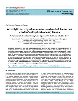 Anxiolytic Activity of an Aqueous Extract of Alchornea Cordifolia (Euphorbiaceae) Leaves