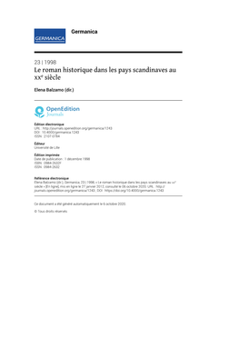 Germanica, 23 | 1998, « Le Roman Historique Dans Les Pays Scandinaves Au Xxe Siècle » [En Ligne], Mis En Ligne Le 27 Janvier 2012, Consulté Le 06 Octobre 2020