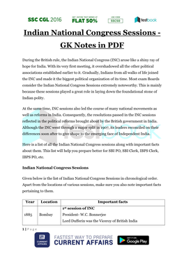 Indian National Congress Sessions - GK Notes in PDF