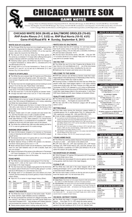 CHICAGO WHITE SOX GAME NOTES Chicago White Sox � Media Relations Departmentgame � 333 W