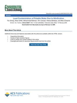 Lead Contamination of Potable Water Due to Nitrification Yan Zhang, Allian Griffin, Mohammad Rahman, Ann Camper, Helene Baribeau, and Marc Edwards Environ