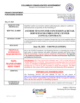 Rfp No. 21-0007 Anchor Tenants for Concession & Retail Services/Columbus Civic Center (Annual Contract)