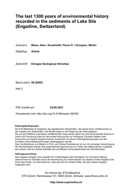 The Last 1300 Years of Environmental History Recorded in the Sediments of Lake Sils (Engadine, Switzerland)
