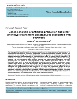 Genetic Analysis of Antibiotic Production and Other Phenotypic Traits from Streptomyces Associated with Seaweeds