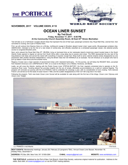 OCEAN LINER SUNSET by Ted Scull Friday, November 17, 2017 – 6:00 PM at the Community Church Assembly Room, 40 East 35Th Street, Manhattan