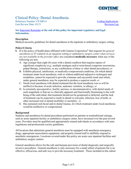 Dental Anesthesia Reference Number: CP.MP.61 Coding Implications Last Review Date: 03/21 Revision Log