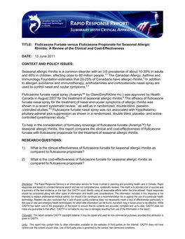 TITLE: Fluticasone Furoate Versus Fluticasone Propionate for Seasonal Allergic Rhinitis: a Review of the Clinical and Cost-Effectiveness