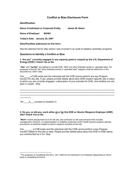 Non-Conflicted COB Disclosure Form for Multiple Sites, Radiation